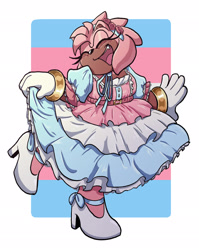 Size: 1631x2048 | Tagged: safe, artist:amyrosedaily, amy rose, alternate outfit, dress, eyes closed, mouth open, open smile, pride, ribbon, smile, solo, standing on one leg, trans female, trans girl amy, trans pride, transgender