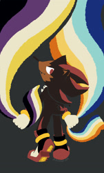 Size: 1856x3072 | Tagged: safe, artist:mikadot-art, shadow the hedgehog, 2025, aro ace pride, aromantic, asexual, cheek fluff, chest fluff, grey background, holding something, lineless, looking at viewer, looking back, looking back at viewer, looking over shoulder, no outlines, nonbinary, nonbinary pride, pride, pride flag, signature, simple background, smile, solo, solo nonbinary, standing