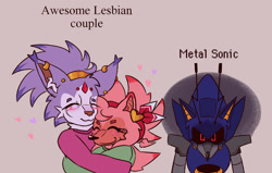 Size: 1380x880 | Tagged: safe, artist:robotichedgehog, amy rose, blaze the cat, metal sonic, 2025, alternate universe, amy x blaze, awesome lesbian couple vs x, black sclera, blushing, english text, eyes closed, glowing eyes, heart, hugging, lesbian, looking at viewer, meme, shipping, smile, text, trio