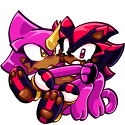 Size: 1115x1115 | Tagged: safe, artist:team-chaotix-daily, espio the chameleon, shadow the hedgehog, 2025, barefoot, carrying them, cute, duo, espibetes, eyelashes, fingerless gloves, gay, holding each other, mouth open, pawpads, paws, shadowbetes, shadpio, shipping, simple background, transparent background