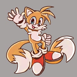 Size: 2000x2000 | Tagged: safe, artist:beepbebble, miles "tails" prower, 2025, clenched fist, grey background, looking at viewer, redraw, simple background, smile, solo, waving