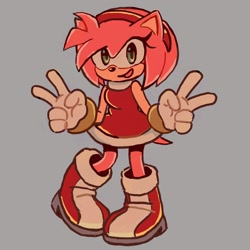 Size: 2000x2000 | Tagged: safe, artist:beepbebble, amy rose, 2025, double v sign, grey background, looking at viewer, mouth open, open smile, redraw, simple background, smile, solo, standing, v sign