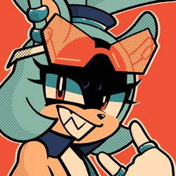 Size: 1750x1750 | Tagged: safe, artist:aferalsunflower, surge the tenrec, 2025, devil horns (gesture), icon, looking at viewer, orange background, outline, pop art style, riders outfit, simple background, smile, solo