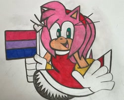 Size: 2048x1653 | Tagged: safe, artist:afterlife-2004, amy rose, 2025, amybetes, bisexual, bisexual pride, cute, flag, holding something, looking at viewer, mouth open, open smile, pride, pride flag, smile, solo, traditional media