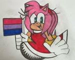 Size: 2048x1653 | Tagged: safe, artist:afterlife-2004, amy rose, 2025, amybetes, bisexual, bisexual pride, cute, flag, holding something, looking at viewer, mouth open, open smile, pride, pride flag, smile, solo, traditional media