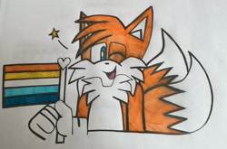 Size: 2048x1353 | Tagged: safe, artist:afterlife-2004, miles "tails" prower, 2025, aro ace pride, aromantic, asexual, flag, holding something, looking at viewer, mouth open, open smile, pride, pride flag, smile, solo, star (symbol), wink