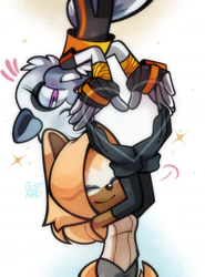 Size: 1480x2002 | Tagged: safe, artist:just_marcyart, artist:justmarcysstuff, tangle the lemur, whisper the wolf, 2025, cute, duo, eye clipping through hair, eyes closed, heart hands, lesbian, shipping, smile, sparkles, tangabetes, tangle x whisper, upside down, whispabetes