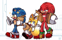 Size: 2048x1319 | Tagged: safe, artist:just_marcyart, artist:justmarcysstuff, knuckles the echidna, miles "tails" prower, sonic the hedgehog, 2025, bag, groceries, holding something, lidded eyes, looking at something, looking at viewer, looking offscreen, mouth open, movie style, open smile, phone, smile, sparkles, team sonic, trio, walking
