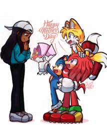 Size: 1756x2048 | Tagged: safe, artist:just_marcyart, artist:justmarcysstuff, knuckles the echidna, maddie wachowski, miles "tails" prower, sonic the hedgehog, human, 2025, english text, group, looking at each other, mother's day, mouth open, movie style, on head, open smile, simple background, smile, team sonic, white background