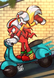 Size: 1255x1800 | Tagged: safe, artist:just_marcyart, artist:justmarcysstuff, knuckles the echidna, miles "tails" prower, sonic the hedgehog 3 (film), 2025, abstract background, brick wall, duo, helmet, holding them, looking offscreen, motorcycle, mouth open, open smile, outdoors, signature, smile, vehicle