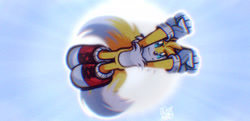 Size: 2048x991 | Tagged: safe, artist:just_marcyart, artist:justmarcysstuff, miles "tails" prower, 2025, abstract background, daytime, flying, from below, looking offscreen, movie style, outdoors, smile, solo, spinning tails, sun