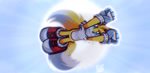 Size: 2048x991 | Tagged: safe, artist:just_marcyart, artist:justmarcysstuff, miles "tails" prower, 2025, abstract background, daytime, flying, from below, looking offscreen, movie style, outdoors, smile, solo, spinning tails, sun