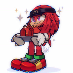 Size: 1349x1344 | Tagged: safe, artist:just_marcyart, knuckles the echidna, sonic the hedgehog 3 (film), 2024, happy meal, holding something, looking offscreen, mcdonalds, mcdonalds employee outfit, signature, simple background, smile, solo, sparkles, standing, tray, white background
