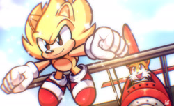 Size: 2048x1247 | Tagged: safe, artist:just_marcyart, miles "tails" prower, sonic the hedgehog, super sonic, sonic the hedgehog 2, 2024, clenched fists, clouds, daytime, duo, flying, looking at them, looking offscreen, mouth open, open smile, outdoors, redraw, signature, smile, sparkles, super form, tornado i