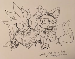 Size: 2048x1628 | Tagged: safe, artist:nannelflannel, miles "tails" prower, silver the hedgehog, 2019, aged up, bandana, duo, freckles, goggles, goggles on head, line art, looking offscreen, monochrome, mouth open, older, poncho, traditional media