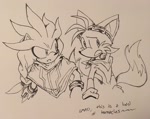 Size: 2048x1628 | Tagged: safe, artist:nannelflannel, miles "tails" prower, silver the hedgehog, 2019, aged up, bandana, duo, freckles, goggles, goggles on head, line art, looking offscreen, monochrome, mouth open, older, poncho, traditional media