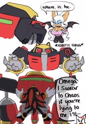 Size: 1415x2047 | Tagged: safe, artist:lottydottieda, e-123 omega, rouge the bat, shadow the hedgehog, 2025, angry, cross popping vein, dialogue, english text, flat colors, hands on hips, hiding, robot, shadouge, shipping, shrugging, simple background, speech bubble, straight, team dark, trio, white background