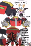 Size: 1415x2047 | Tagged: safe, artist:lottydottieda, e-123 omega, rouge the bat, shadow the hedgehog, 2025, angry, cross popping vein, dialogue, english text, flat colors, hands on hips, hiding, robot, shadouge, shipping, shrugging, simple background, speech bubble, straight, team dark, trio, white background
