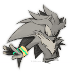 Size: 1280x1280 | Tagged: safe, artist:nikkunemustuff555, silver the hedgehog, 2025, frown, greyscale, looking offscreen, monochrome, signature, simple background, solo, spot color, white background