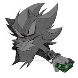 Size: 1280x1280 | Tagged: safe, artist:nikkunemustuff555, shadow the hedgehog, 2025, chaos emerald, cheek fluff, clenched teeth, ear fluff, frown, greyscale, holding something, looking offscreen, monochrome, signature, simple background, solo, spot color, white background