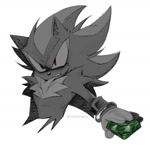 Size: 1280x1280 | Tagged: safe, artist:nikkunemustuff555, shadow the hedgehog, 2025, chaos emerald, cheek fluff, clenched teeth, ear fluff, frown, greyscale, holding something, looking offscreen, monochrome, signature, simple background, solo, spot color, white background