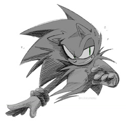 Size: 1280x1280 | Tagged: safe, artist:nikkunemustuff555, sonic the hedgehog, 2025, cheek fluff, clenched fist, ear fluff, greyscale, looking offscreen, monochrome, signature, simple background, smile, solo, spot color, white background