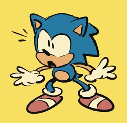 Size: 1103x1068 | Tagged: safe, artist:boo-topia, sonic the hedgehog, 2025, flat colors, looking offscreen, mouth open, simple background, solo, standing, yellow background