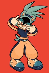 Size: 1365x2048 | Tagged: safe, artist:aferalsunflower, artist:sapphire-shores, surge the tenrec, 2025, bleeding, bleeding from mouth, blood, clenched teeth, looking at viewer, pop art style, red background, sharp teeth, simple background, smile, solo, standing