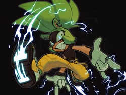 Size: 2048x1543 | Tagged: safe, artist:petrllchor, surge the tenrec, 2025, black background, clenched teeth, devil horns (gesture), electricity, glowing, looking at viewer, mid-air, outline, posing, simple background, smile, solo