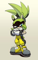 Size: 615x957 | Tagged: safe, artist:scourgefrontier, artist:superscourge, surge the tenrec, 2025, alternate version, colored version, cracking knuckle, gradient background, looking at viewer, signature, smile, solo, squinting, standing