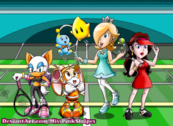 Size: 1920x1395 | Tagged: safe, artist:misspinkstripes, cheese (chao), cream the rabbit, rouge the bat, luma, pauline, rosalina, tennis