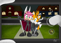 Size: 1280x905 | Tagged: safe, artist:petr0000001, amy rose, miles "tails" prower, costume, halloween, hollow knight, hornet (hollow knight)