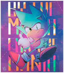 Size: 1024x1172 | Tagged: safe, artist:nerkin, sonic the hedgehog, sonic mania, 2017, abstract background, border, classic sonic, looking at viewer, signature, smile, solo, thumbs up