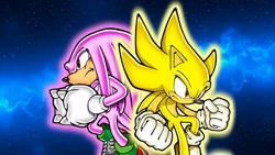 Size: 1920x1080 | Tagged: safe, artist:soniclover82, knuckles the echidna, sonic the hedgehog, super sonic, 2025, abstract background, duo, frown, hyper form, hyper knuckles, looking offscreen, outline, super form, wallpaper