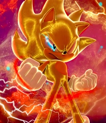 Size: 3456x4000 | Tagged: safe, artist:chaodude123, artist:dokatzo, sonic the hedgehog, super sonic 2, sonic frontiers, 2025, 3d, abstract background, clenched fists, frown, glowing eyes, looking offscreen, solo, sonic frontiers: final horizon, standing, super form