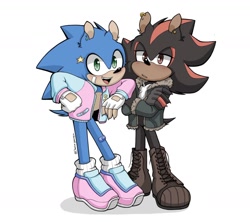 Size: 1280x1135 | Tagged: safe, artist:chelsiegeorgia, shadow the hedgehog, sonic the hedgehog, hedgehog, black fur, blue fur, boots, fingerless gloves, green eyes, jacket, male, red eyes, red fur, shoes, socks