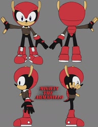 Size: 1280x1658 | Tagged: safe, artist:frostlightningx, mighty the armadillo, armadillo, black fur, blue eyes, boots, gloves, jacket, male, red fur