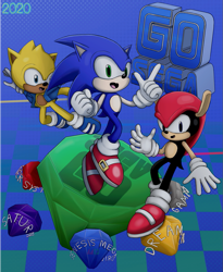 Size: 827x1008 | Tagged: safe, artist:frostlightningx, mighty the armadillo, ray the flying squirrel, sonic the hedgehog, chaos emerald