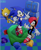 Size: 827x1008 | Tagged: safe, artist:frostlightningx, mighty the armadillo, ray the flying squirrel, sonic the hedgehog, 2020, abstract background, chaos emerald, sega logo, segasonic the hedgehog, trio