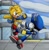 Size: 888x900 | Tagged: safe, artist:frostlightningx, metal sonic, ray the flying squirrel, abstract background, clouds, duo, fight, kicking, robot