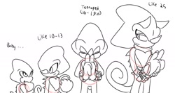 Size: 1807x969 | Tagged: safe, artist:aridombo, espio the chameleon, 2025, adult, age progression, aged down, aged up, baby, child, line art, monochrome, older, simple background, solo, standing, teenager, white background, younger