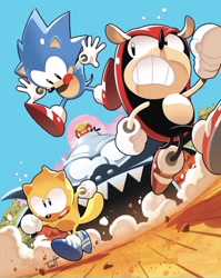 Size: 1158x1453 | Tagged: safe, artist:tyson hesse, mighty the armadillo, ray the flying squirrel, robotnik, sonic the hedgehog, human, abstract background, classic mighty, classic ray, classic robotnik, classic sonic, daytime, dust clouds, group, mid-air, outdoors, robot, running, segasonic the hedgehog, signature