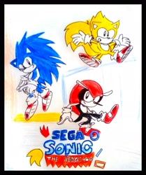 Size: 2304x2761 | Tagged: safe, artist:jamemox, mighty the armadillo, ray the flying squirrel, sonic the hedgehog, 2018, classic mighty, classic ray, classic sonic, cutr, looking at viewer, mightabetes, pencilwork, rayabetes, segasonic the hedgehog, smile, sonabetes, traditional media, trio