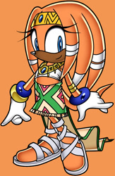 Size: 682x1049 | Tagged: safe, artist:blackeditsgalore, artist:yuji uekawa, editor:blackeditsgalore, tikal, 2025, alternate version, edit, looking at viewer, orange background, simple background, smile, solo, standing, uekawa style