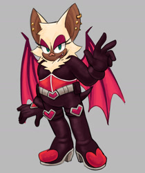 Size: 1667x1989 | Tagged: safe, artist:frostiios, rouge the bat, 2023, ear piercing, earring, grey background, lidded eyes, looking at viewer, mouth open, one fang, open smile, simple background, smile, solo, standing