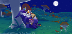 Size: 1024x492 | Tagged: safe, artist:sunsetfox, amy rose, big the cat, cheese (chao), cream the rabbit, chao, sonic heroes, 2018, abstract background, eyes closed, frog forest, grass, group, moon, mushroom, neutral chao, nighttime, outdoors, signature, sleeping, star (sky), team rose