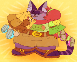 Size: 1900x1536 | Tagged: safe, artist:metallicmadness, amy rose, big the cat, cream the rabbit, 2017, abstract background, alternate outfit, clothes, eyes closed, flat colors, group hug, hugging, smile, standing, team rose, trio