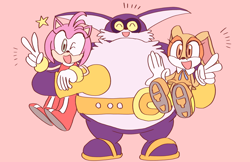 Size: 1480x960 | Tagged: safe, artist:jocomjg64, amy rose, big the cat, cream the rabbit, 2018, cute, eyes closed, flat colors, holding them, looking at viewer, mouth open, open smile, pink background, simple background, smile, standing, team rose, trio, v sign, wink