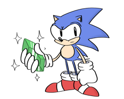 Size: 1000x800 | Tagged: safe, artist:jocomjg64, sonic the hedgehog, sonic cd, 2018, classic sonic, clenched fist, flat colors, frown, holding something, looking offscreen, simple background, solo, sparkles, standing, time stone, transparent background
