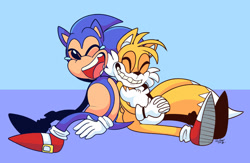 Size: 1280x835 | Tagged: safe, artist:beastofeuthanasia, miles "tails" prower, sonic the hedgehog, 2019, abstract background, crying, duo, eyes closed, hands together, laughing, mouth open, sitting, smile, tears, tears of laughter